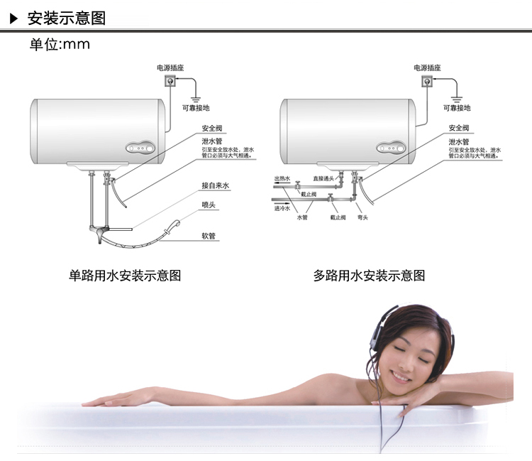 1、热水器在水未注满内胆的情况下严禁接通电源,否则可能会烧坏热水器。 2、必须使用220V/50Hz 交流电源。 3、与热水器链接的电表、电线、插座必须满足热水器额定电流的要求。 4、热水器插座必须接线正确且可靠接地,地线和零线应严格分开,两者绝对不能接到一起;如果电源软线损坏,必须用本公司专用软线更换。 5、寒冷地区冬季长期不用,应将胆内水排空,以防内胆结冰损坏。 6、当热水器加热时,请不要关闭了冷水截止阀,以延长热水器使用寿命。 7、定期掀动安全阀手柄,看有无水流出,若无水流出,请就近与本公司销售点货